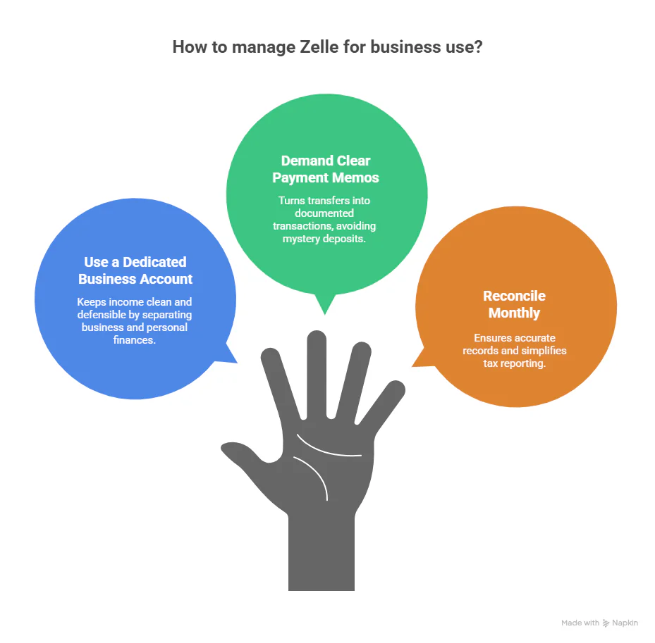 An infographic titled "How to manage Zelle for business use?" which provides tips on whether does Zelle report to the IRS and how to maintain records. It features three key steps: using a dedicated business account, demanding clear payment memos, and reconciling monthly to simplify tax reporting.