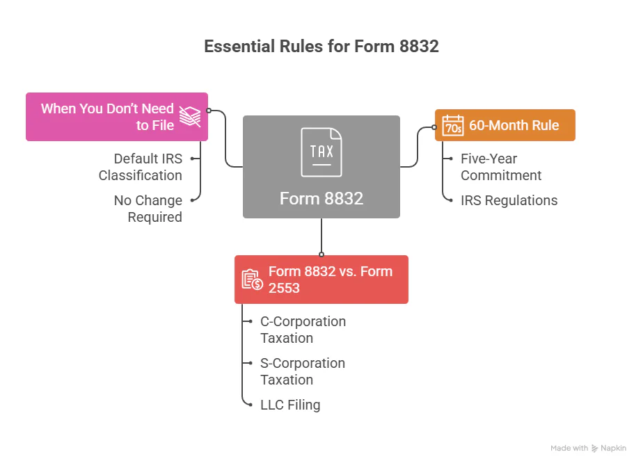 An infographic titled "Essential Rules for Form 8832," which visualizes key Form 8832 instructions, including when you don't need to file, the 60-month rule for changes, and a comparison between Form 8832 and Form 2553.