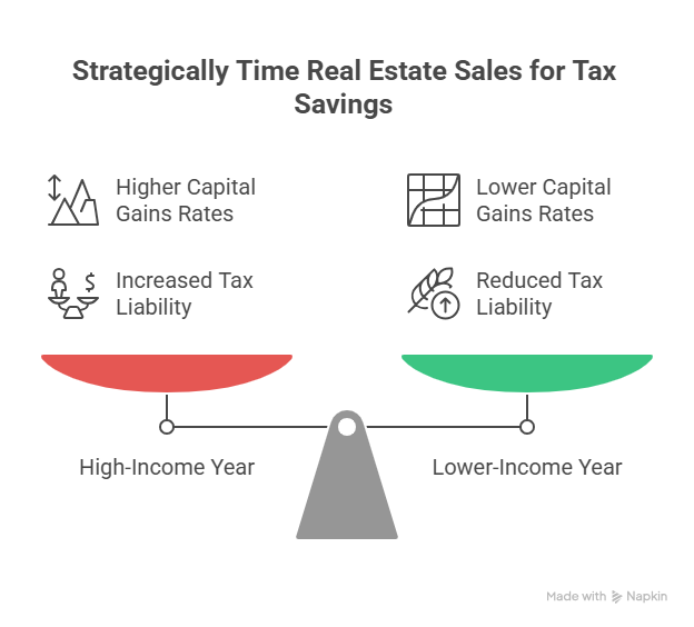 An infographic titled “Strategically Time Real Estate Sales for Tax Savings” shows how to avoid capital gains tax on real estate by selling in a lower-income year to reduce your tax rate and liability.