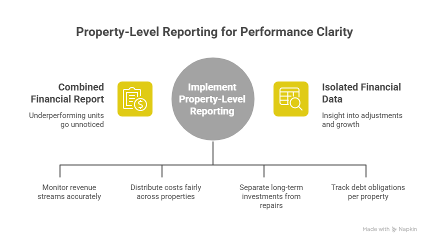 A diagram titled "Property-Level Reporting for Performance Clarity" explaining how to implement reporting for property management accounting. It highlights moving from combined financial reports to isolated data for growth.