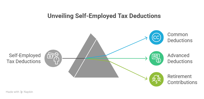 An infographic illustrating categories of tax deductions to maximize refund. It uses a prism graphic to break down self-employed deductions into three key areas: common deductions, advanced deductions, and retirement contributions.