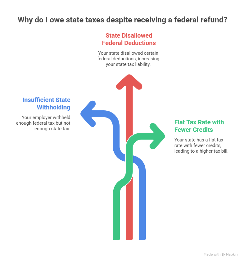 An infographic titled "Why do I owe state taxes despite receiving a federal refund?" It illustrates three reasons for this discrepancy: insufficient state withholding, state disallowed federal deductions, and a flat tax rate with fewer credits.