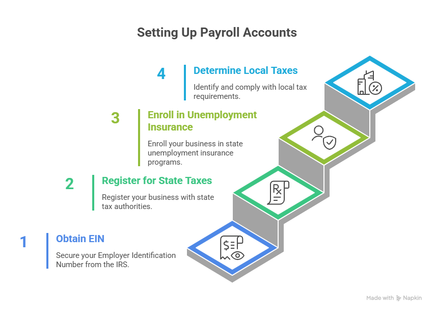 An infographic titled "Setting Up Payroll Accounts" detailing the four steps of payroll for startups. The process is shown as a staircase: obtain an EIN from the IRS, register for state taxes, enroll in unemployment insurance, and determine local taxes.