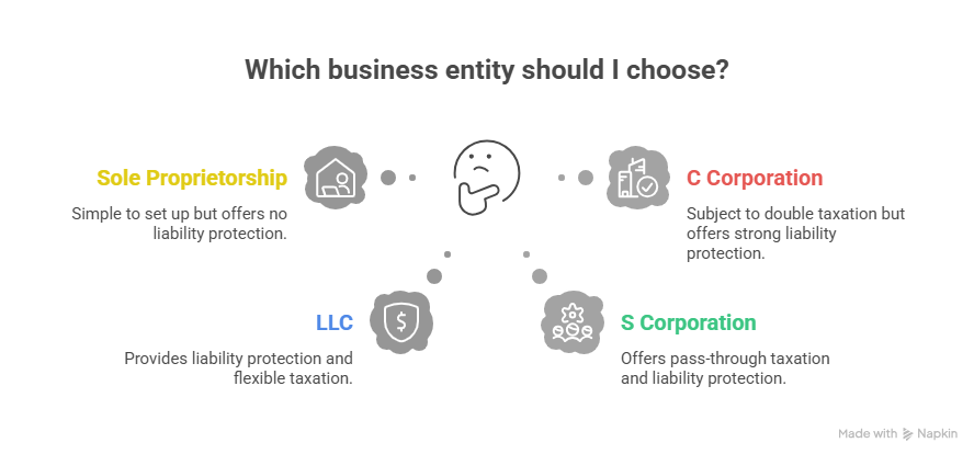 An infographic titled "Which business entity should I choose?" highlights four structures relevant to startup tax services. A central thinking icon points to sole proprietorship, C corporation, LLC, and S corporation.
