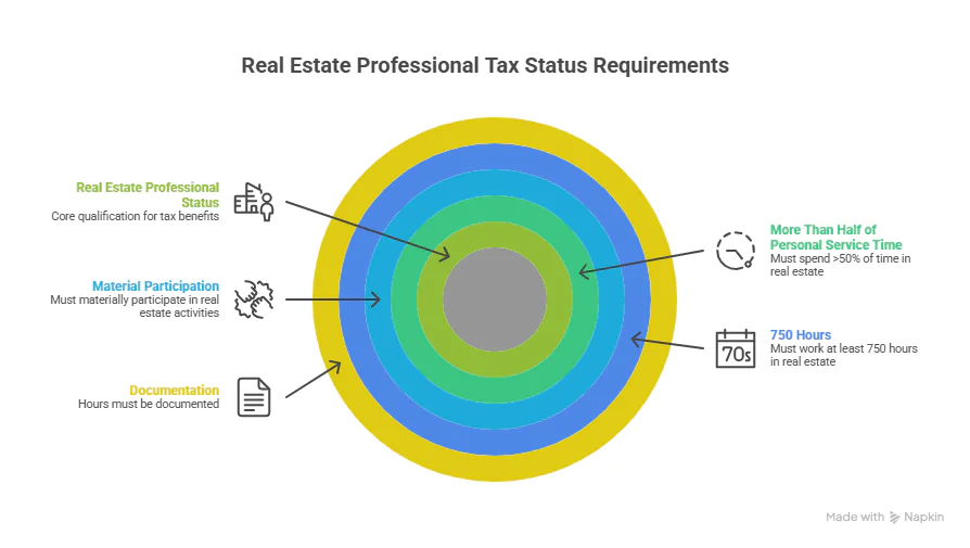 A circular infographic titled "Real Estate Professional Tax Status Requirements" showing five concentric rings that represent core qualifications and documentation needs.