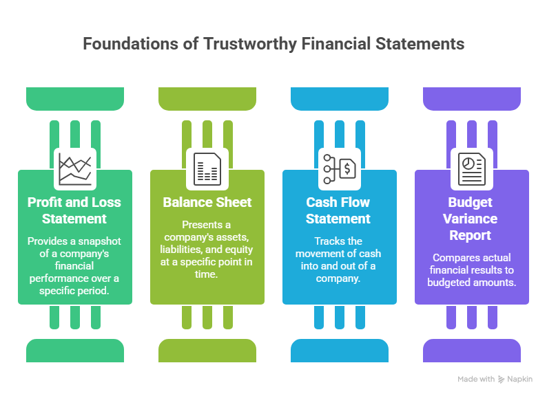 An infographic illustrating the four pillars of professional accounting and payroll services. It features detailed descriptions of a profit and loss statement, balance sheet, cash flow statement, and budget variance report.