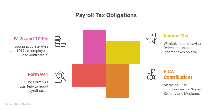An infographic titled "Payroll Tax Obligations" outlining four key requirements for law firm bookkeeping: issuing W-2s and 1099s, withholding income tax, filing Form 941 quarterly, and matching FICA contributions.