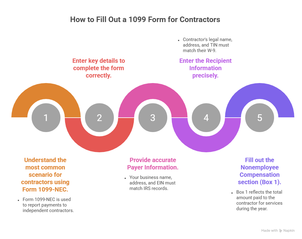 A colorful process map explains how to fill out a 1099 form for contractors across five steps: understanding Form 1099-NEC, entering payer details, providing recipient information precisely, and accurately filling out nonemployee compensation in Box 1.