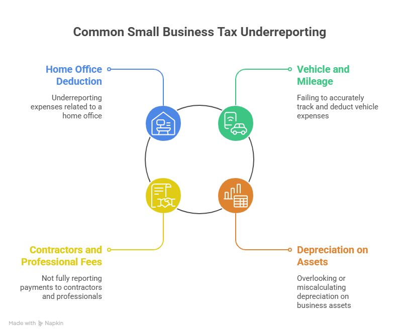 An infographic about a small business tax preparation checklist showing four common areas of underreporting: Home Office Deduction, Vehicle and Mileage, Contractors and Professional Fees, and Depreciation on Assets.