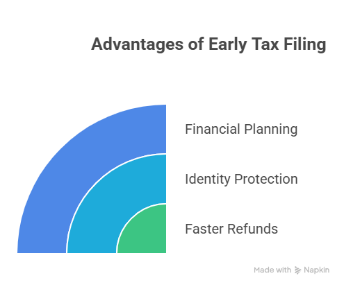 An infographic titled "Advantages of Early Tax Filing" features a colorful tiered arc graphic. It answers "How early can you file taxes?" by highlighting three key benefits: better financial planning, enhanced identity protection, and receiving faster refunds.