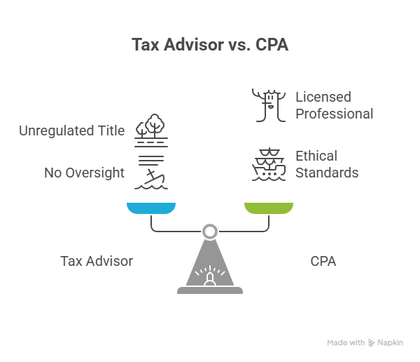 A scale comparison of tax advisor vs CPA shows that while "Tax Advisor" is an unregulated title with no oversight, a CPA is a licensed professional held to strict ethical standards.