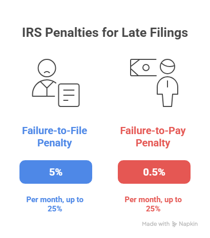 This infographic outlines the consequences of not filing, a critical part of knowing how to file back taxes. It displays the Failure-to-File Penalty at 5% per month (up to 25%) and the Failure-to-Pay Penalty at 0.5% per month (up to 25%).