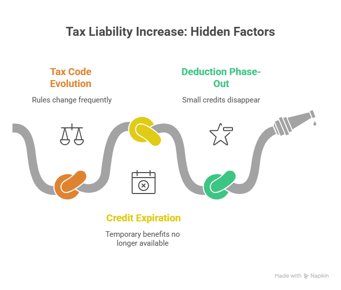 An infographic that uses a knotted hose metaphor to explain "Why do I owe taxes this year when nothing changed?" It highlights three key reasons for unexpected tax debt: tax code evolution, deduction phase-outs, and credit expiration.