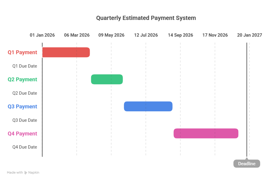 An infographic illustrating the Quarterly Estimated Payment System and how to file self-employment taxes throughout the 2026 tax year. The timeline highlights key due dates for Q1 through Q4 payments.