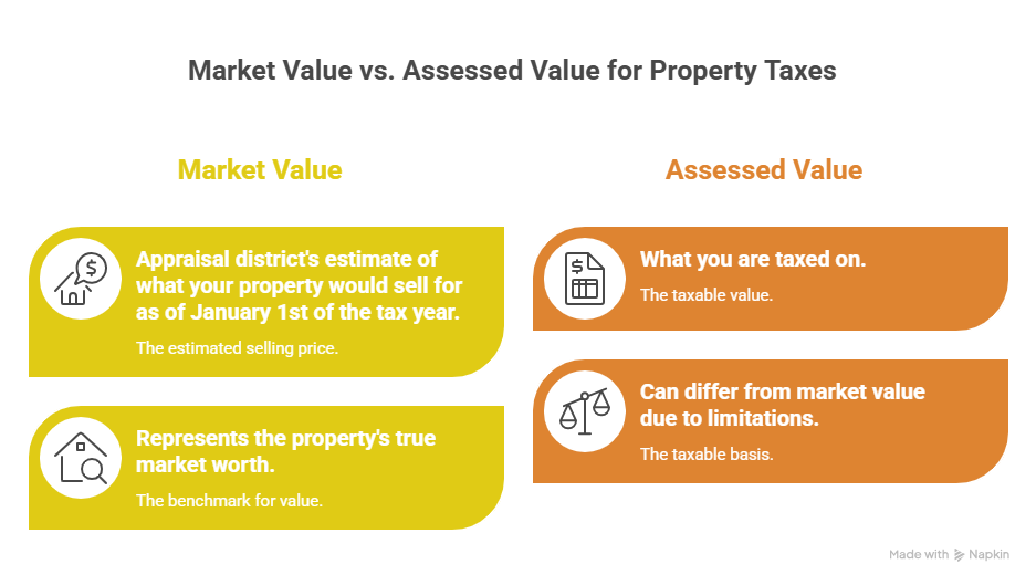 A comparison chart explaining what are real estate taxes. It defines market value as the appraisal district's estimated selling price, while assessed value is the taxable value, which may differ due to specific limitations or adjustments.