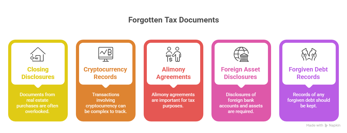 An infographic listing five often-overlooked records needed for "what documents do I need to file taxes." It features color-coded cards for closing disclosures, cryptocurrency records, alimony agreements, foreign asset disclosures, and forgiven debt records.