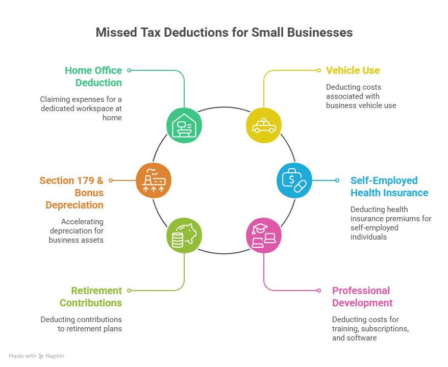 An infographic that highlights six key savings areas reviewed by small business tax preparers. It features home office deduction, vehicle use, self-employed health insurance, professional development, retirement contributions, and Section 179 & bonus depreciation.