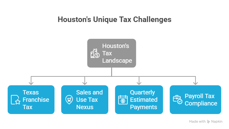 An organizational chart highlighting how the best CPA in Houston navigates the local tax landscape. The diagram branches into four key areas: Texas Franchise Tax, Sales and Use Tax Nexus, Quarterly Estimated Payments, and Payroll Tax Compliance.